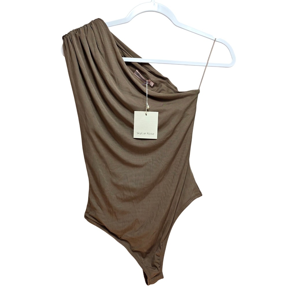 Skylar Rose Mocha Brown One Shoulder Draped Ribbed Bodice Bodysuit Sz S Backless